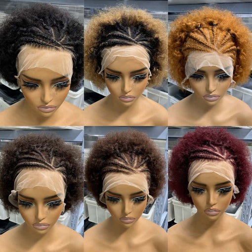 Short Afro Curly 13x4 Lace Front Wigs with Braids Black Brown 99J Human Hair [IHLAC6230]