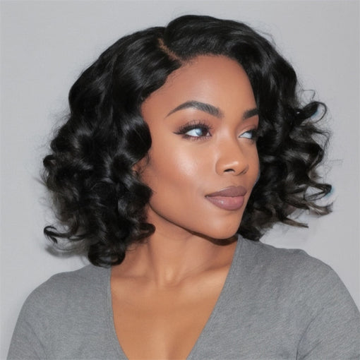 Short Bob Hairstyle 12 Inches Body Wave Natural Black Remy Human Hair Lace Front Wigs [ILHBW6094]