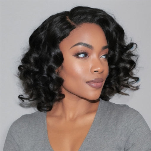 Short Bob Hairstyle 12 Inches Body Wave Natural Black Remy Human Hair 360 Lace Wigs [I3HBW6094]