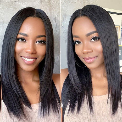 14 Inches Silky Straight Lob Layered hairstyle Natural Black Remy Human Hair Lace Front Wigs [ILHSS6096]