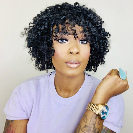 10-24 Inches Kinky Curly Natural Black Remy Human Hair Capless Wigs [ICHCY6113]