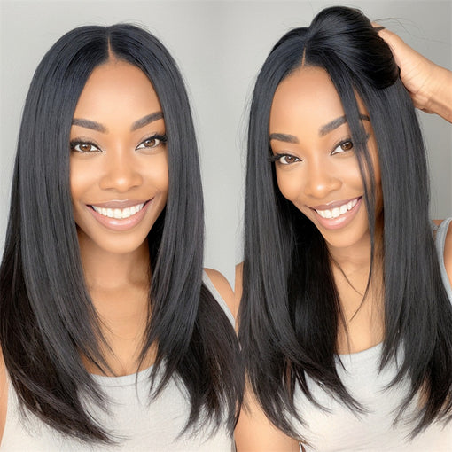 16 Inches Silky Straight Lob Layered hairstyle Natural Black Remy Human Hair Full Lace Wigs [IFHSS6115]