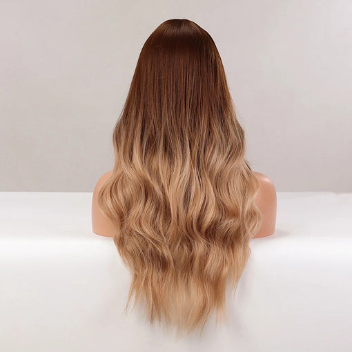 Long Ombre Brown Blonde Natural Wavy Machine Made Synthetic Hair Wig